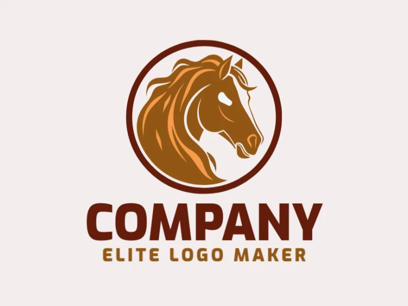 Logotipo disponível para venda com a forma de um cavalo com estilo mascote e com as cores marrom, laranja, e marrom escuro.