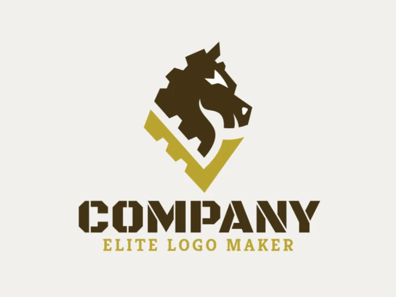 Logotipo vetorial com a forma de um cavalo combinado com uma letra "V" com design abstrato e cores marrom e amarelo.