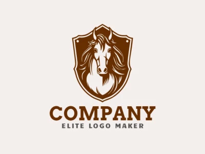 Logotipo criativo com a forma de um cavalo combinado com um escudo com design memorável e estilo mascote, a cor utilizada é marrom escuro.