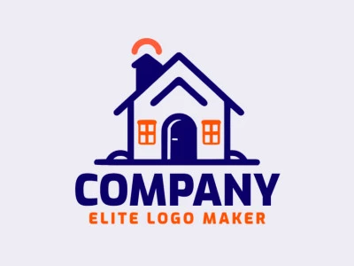 Logotipo vetorial com a forma de uma casa com design minimalista e com as cores azul e laranja.