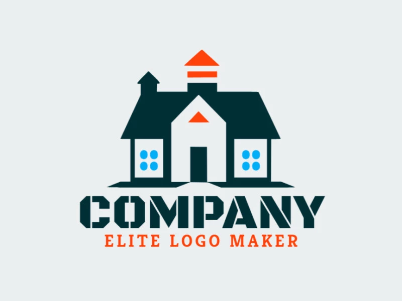 Logotipo disponível para venda com a forma de uma casa com design abstrato e com as cores azul e laranja.