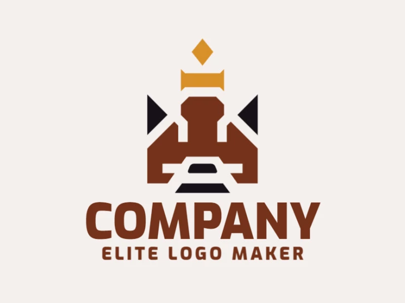 Logotipo elegante composto por formas simples formando uma cabeça de cachorro combinado com uma coroa com estilo simétrico, as cores utilizadas foi marrom, amarelo, e preto.