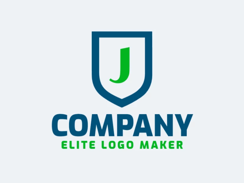 Um logotipo minimalista apresentando a letra 'J' combinada com um escudo, acentuado em verde e azul, perfeito para uma marca que busca uma identidade forte e moderna.