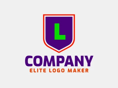 Um logotipo minimalista com a letra 'L' combinada com um escudo, incorporando verde vibrante, laranja e roxo.