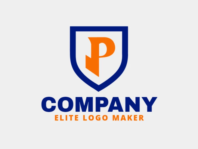 Um logotipo minimalista apresentando a letra 'P' combinada com um escudo, com uma paleta de cores azul e laranja para um design limpo e impactante.