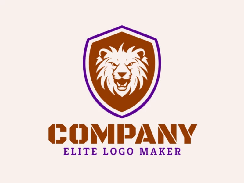 Logotipo adaptável com a forma de um leão combinado com um escudo com estilo mascote, as cores utilizadas foi marrom e roxo.