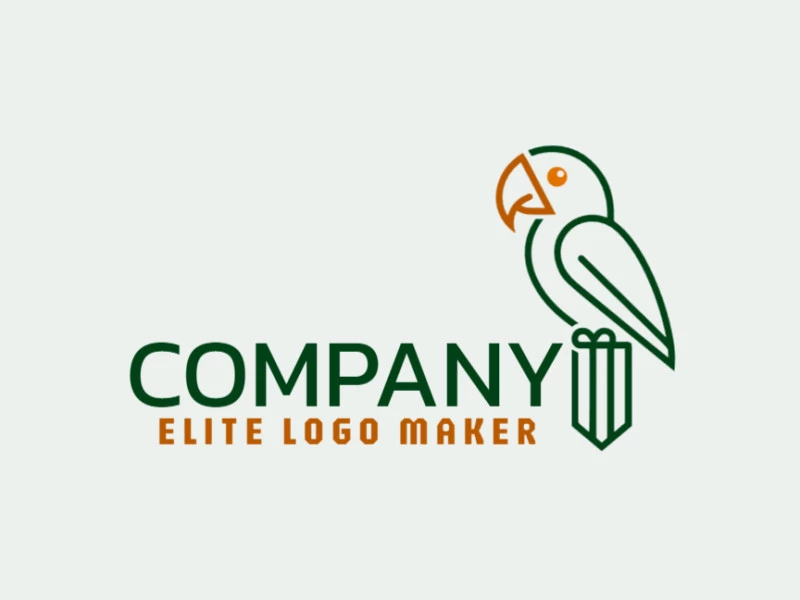 Um logotipo de arara monolinear único e personalizável em cores vibrantes de verde e laranja.