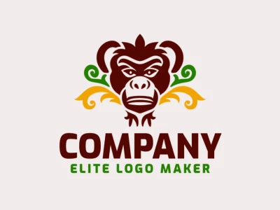 Um logotipo de cabeça de macaco simétrico em verde, marrom e amarelo. Um design enérgico e atraente que expressa diversão e alegria.