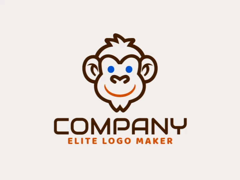 Um logotipo pictórico com uma cabeça de macaco, criativamente projetado com tons de azul, marrom e laranja, incorporando brincadeira e originalidade.