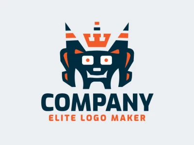 Logotipo profissional composto por formas estilizadas formando um monstro usando uma coroa com design simétrico, as cores utilizadas foi laranja, branco, e azul.