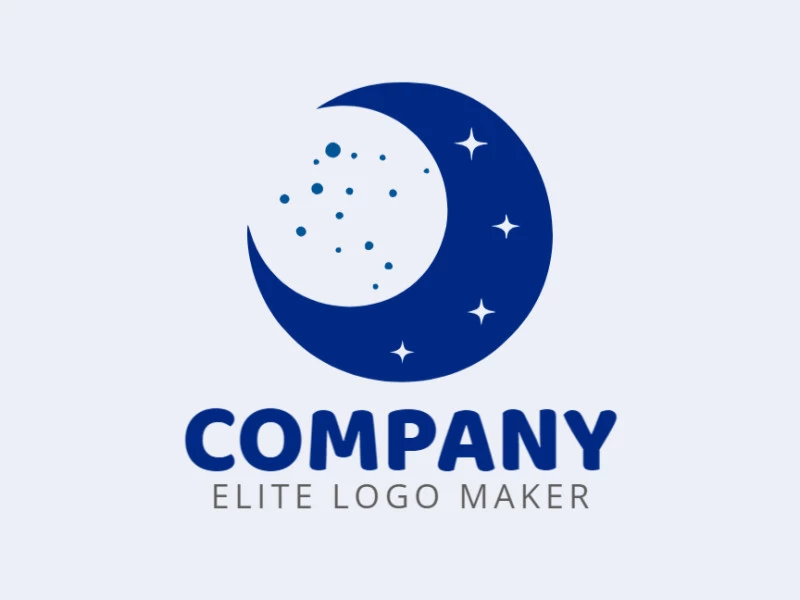 Logotipo disponível para venda com a forma de uma lua combinado com estrelas com design simples e cor azul escuro.