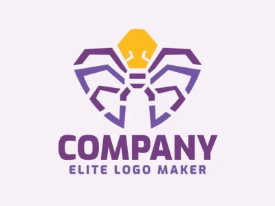 Logotipo customizável com a forma de um polvo mesclado com uma lâmpada composto por um estilo simétrico e cores roxo e amarelo.