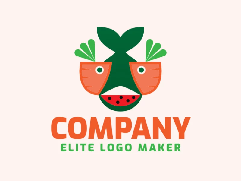 Logotipo profissional composto por formas estilizadas formando um peixe combinado com uma cenoura e uma melancia com design abstrato, as cores utilizadas foi vermelho, preto, verde, e laranja.