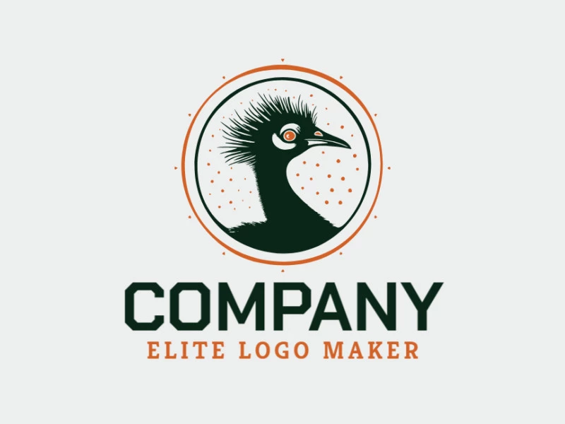 Crie seu próprio logotipo com a forma de um avestruz com estilo circular e com as cores laranja e preto.