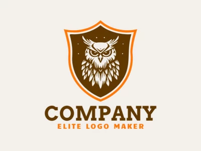 Crie um logotipo vetorial para sua empresa com a forma de uma coruja combinado com um escudo com estilo emblema, as cores utilizadas foi laranja e marrom escuro.