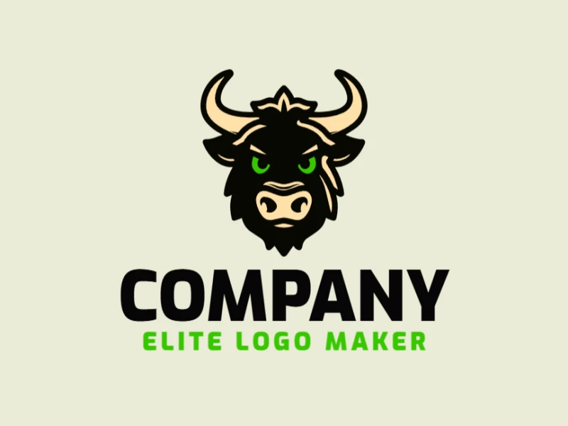 Um logotipo em estilo animal com a cabeça de um boi em preto e bege, criado com excelente detalhe e versátil para diversos propósitos.