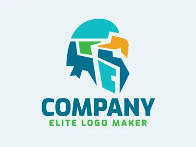 Logotipo customizável composto por formas geométricas e estilo abstrato formando um papagaio com cores azul, amarelo, e verde.