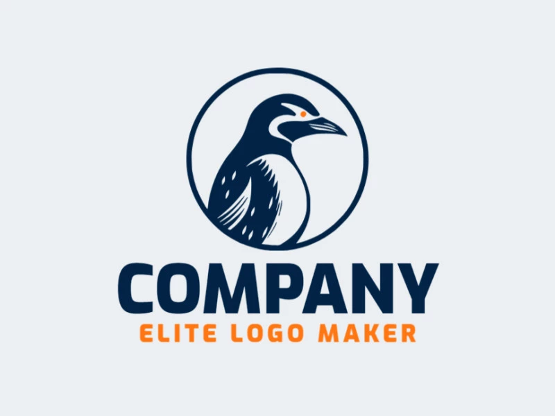 Logotipo profissional com a forma de um pinguim com estilo circular, as cores utilizadas foi azul e laranja.