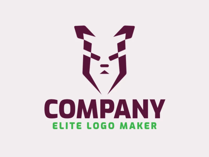 Logotipo elegante composto por formas simples formando uma cabeça de cachorro com estilo simétrico, a cor utilizada foi roxo.