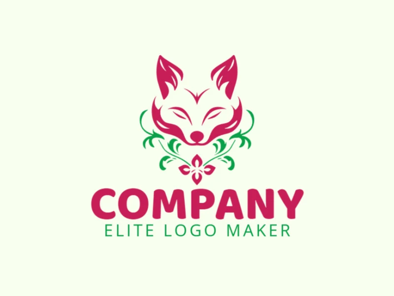 Logotipo vetorial com a forma de uma raposa vermelha combinado com uma flor, com estilo abstrato e com as cores verde e vermelho.