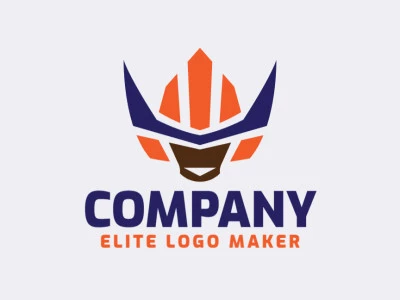 Logotipo vetorial com a forma de um robô com design simétrico e com as cores azul, marrom, e laranja.