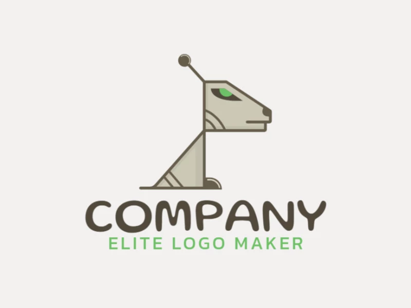 Logotipo vetorial com a forma de um cachorro robô com design criativo e cores bege, marrom, e verde.