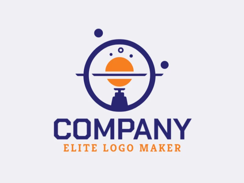 Logotipo disponível para venda com a forma de um satélite com estilo minimalista e com as cores laranja e azul escuro.