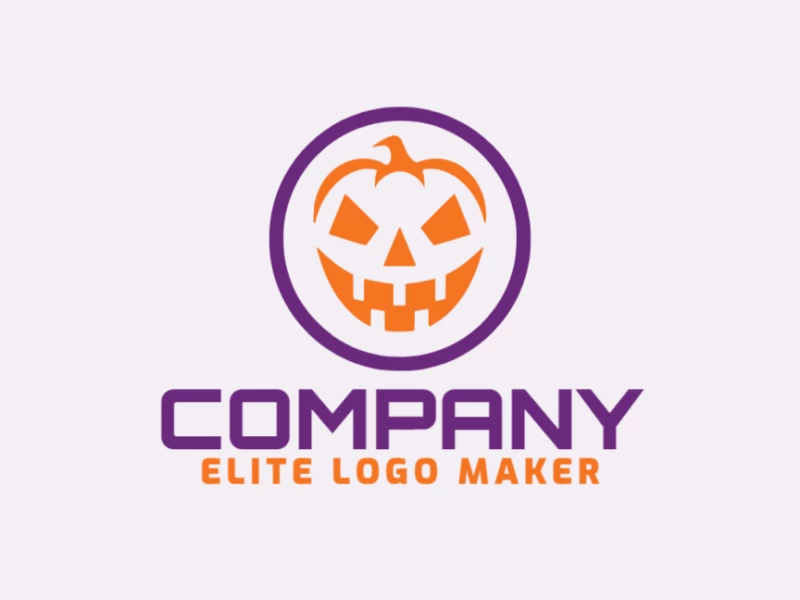 Logotipo disponível para venda com a forma de uma abóbora assustadora com design minimalista e com as cores laranja e roxo.