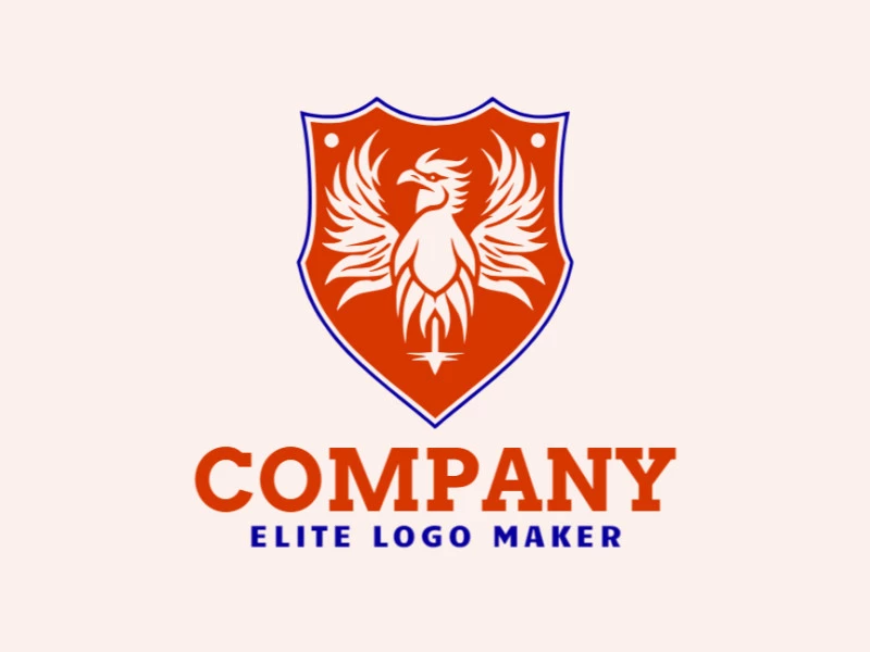 Logotipo profissional com a forma de um escudo combinado com um galo com estilo emblema, as cores utilizadas foi azul escuro e laranja escuro.