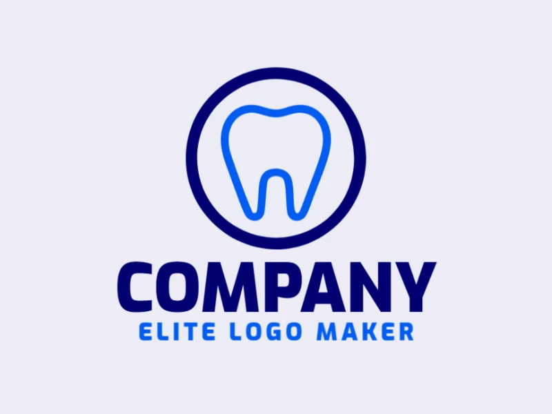 Logotipo disponível para venda com a forma de um dente com estilo monoline e com as cores azul e azul escuro.