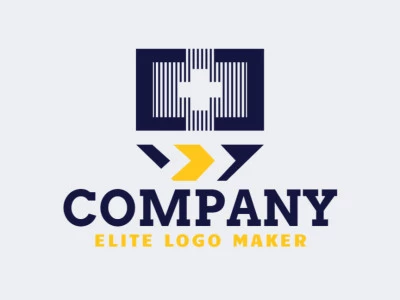 Logotipo vetorial com a forma de uma lixeira combinado com colchetes, com estilo abstrato e com as cores azul e amarelo.