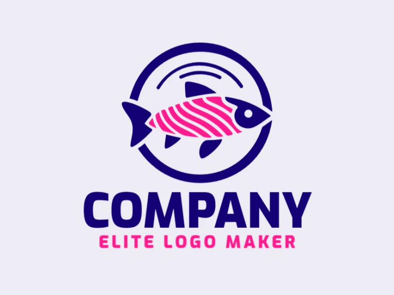 Logotipo criativo com a forma de um peixe tropical com design memorável e estilo abstrato, as cores utilizadas é azul e rosa.