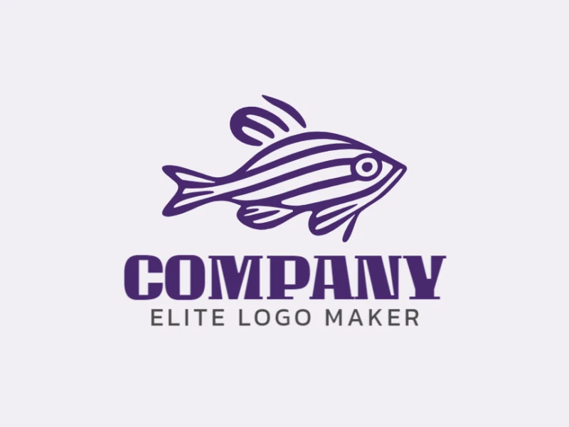 Logotipo vetorial com a forma de um peixe tropical com design monoline e cor roxo.