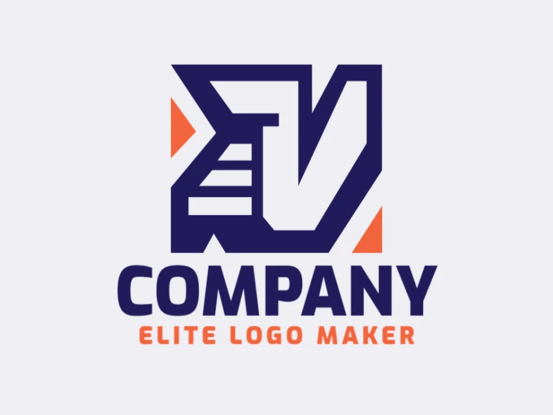 Logotipo customizável com a forma de uma letra "V" com estilo abstrato, as cores utilizadas foi azul e laranja.