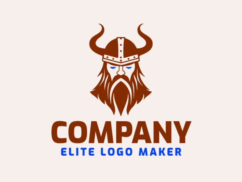 Um logotipo profissional em forma de um viking com um estilo abstrato, as cores utilizadas foi marrom e azul escuro.