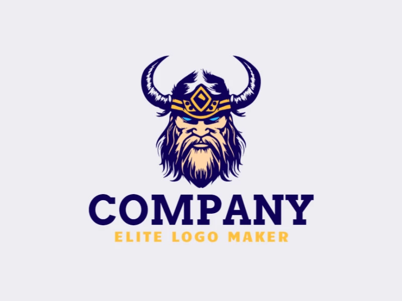 Logotipo simples composto por formas abstratas, formando um viking com as cores amarelo, bege, e azul escuro.