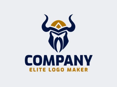 Logotipo disponível para venda com a forma de um viking com estilo simétrico e com as cores azul escuro e amarelo escuro.