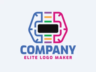 Logotipo vetorial com a forma de um cérebro mesclado com um óculos de realidade virtual com design abstrato e cores preto, verde, rosa, e azul.