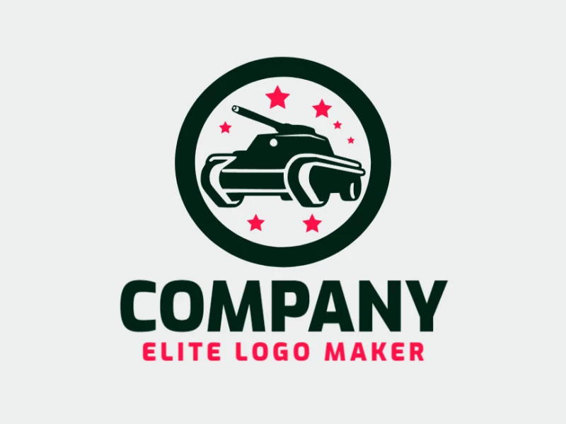 Logotipo customizável com a forma de um tanque de guerra combinado com estrelas composto por um estilo circular e com as cores vermelho e verde escuro.