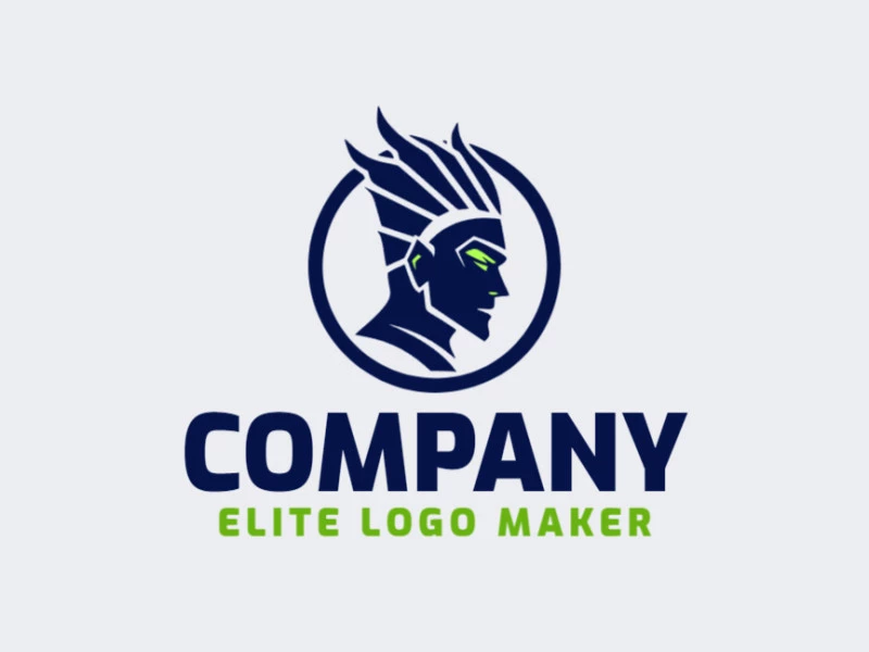 Logotipo memorável com a forma de um guerreiro com estilo mascote, e cores customizáveis.