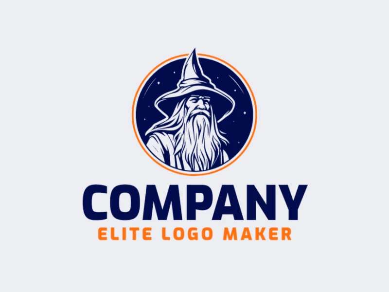 Logotipo customizável com a forma de um mago composto por um estilo ilustrativo e com as cores laranja e azul escuro.