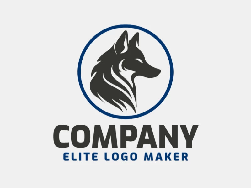 Crie seu próprio logotipo com a forma de um lobo com estilo circular e com as cores azul e preto.