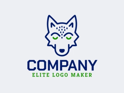 Um logotipo monoline sofisticado com design de lobo, integrando elegantemente as cores verde e azul.