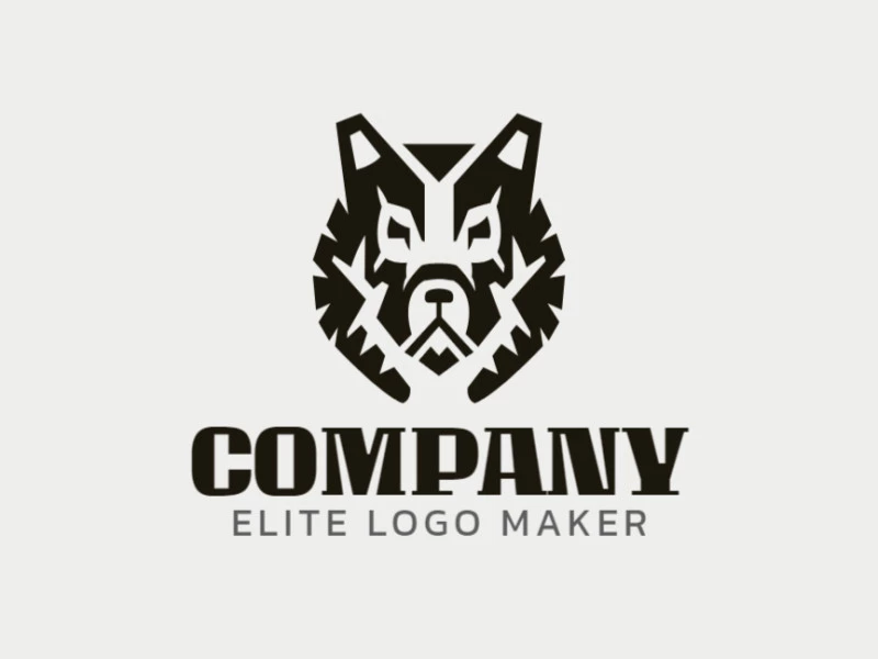 Logotipo customizável com a forma de uma cabeça de lobo composto por um estilo simétrico e cor preto.