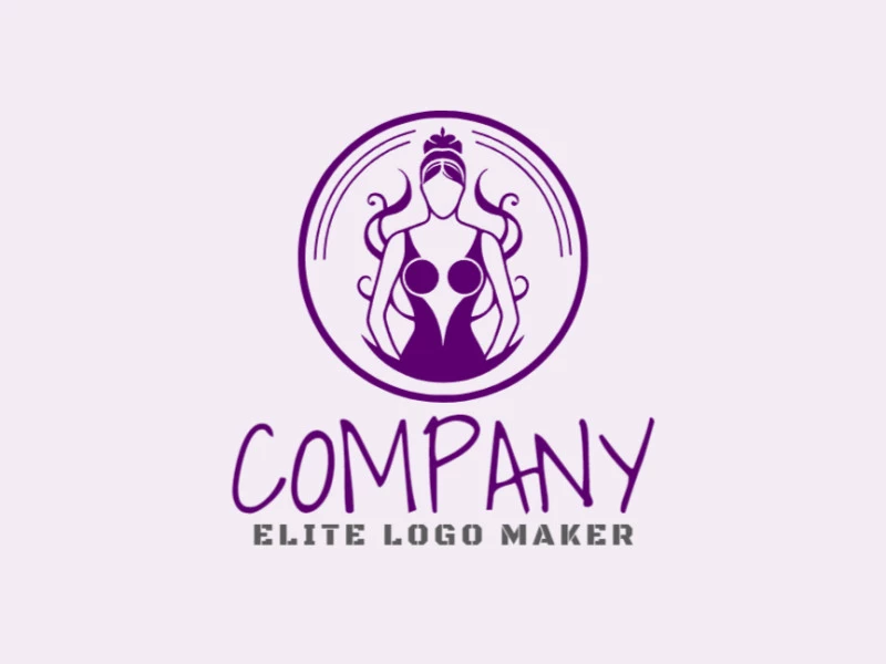 Crie um logotipo para sua empresa com a forma de uma mulher com estilo ornamental e cor roxo.