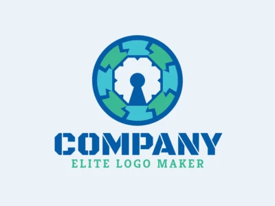 Circular logo design consists of the combination of an eye with a shape of a padlock with blue and green colors.