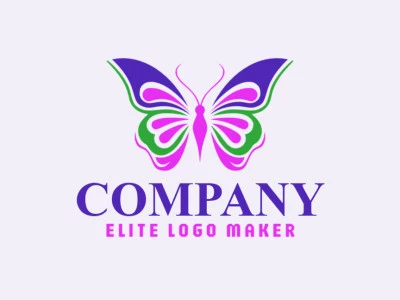 A logo is available for sale in the shape of a butterfly with a creative design with green, pink, and dark blue colors.