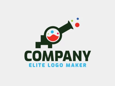 Minimalist logo created with abstract shapes, forming a cannon combined with a flask with blue, green, and orange colors.