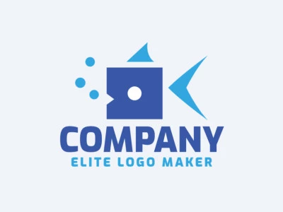 Logo available for sale in the shape of a fish combined with dice with childish style and blue color.