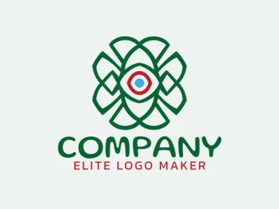 Vector logo in the shape of a four leaf clover combined with an eye with simple style with green, blue, and red colors.